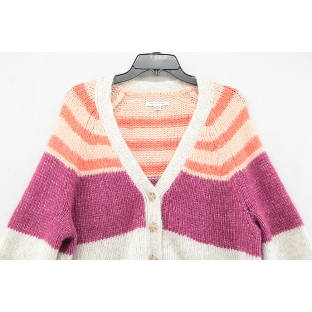 American Eagle Striped Cardigan Sweater Women's L Retro Hip Knit Button Up Crop - Picture 2 of 8